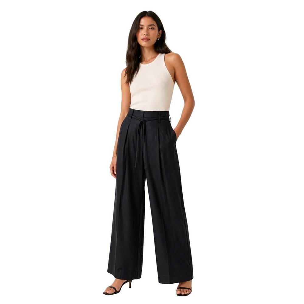 Nine West NEW Women 12 Black High Rise Pleated Tie Waist Trousers Wide Leg Pants